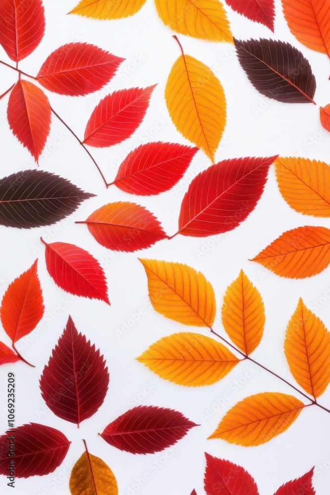 Vibrant autumn leaves in various shades of red, orange, and brown against a white background Vibrant autumn leaves in various shades of red, orange, and brown against a white background