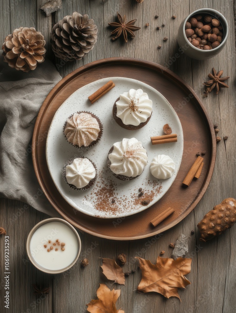 Delicious homemade cupcakes with cream frosting and autumn decorations on a wooden table Delicious homemade cupcakes with cream frosting and autumn decorations on a wooden table
