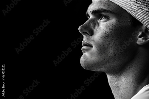 Man wearing a tennis outfit looking at the horizon.