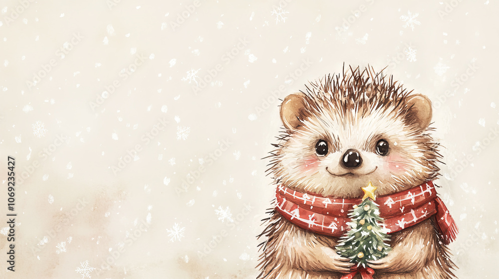 A cute hedgehog wearing a red scarf holds a small decorated Christmas tree, standing in a snowy winter landscape with a soft watercolor background A cute hedgehog wearing a red scarf holds a small decorated Christmas tree, standing in a snowy winter landscape with a soft watercolor background