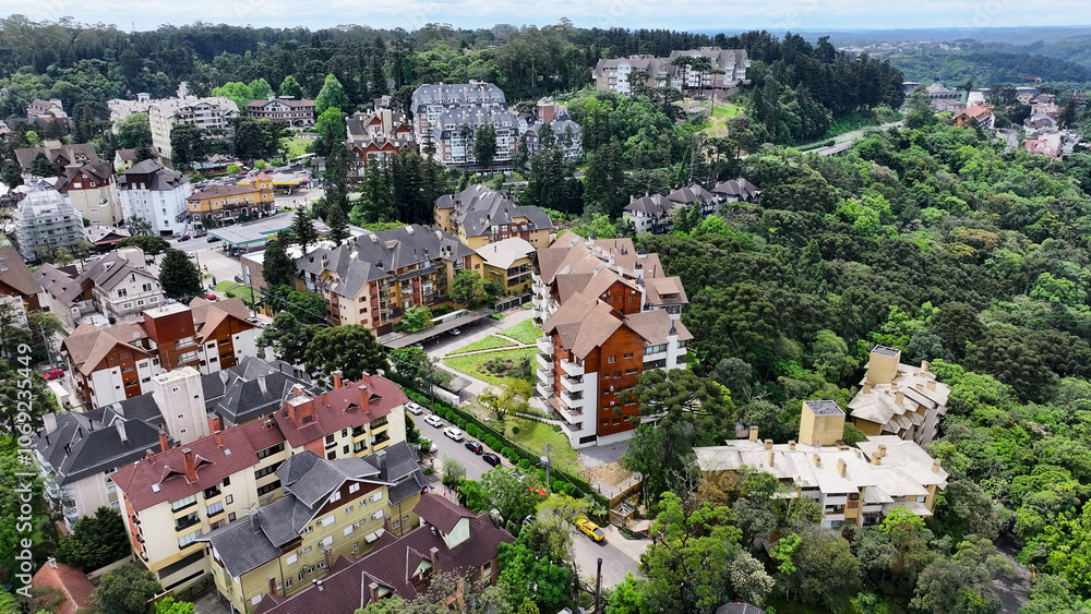 Fototapeta premium Gramado Skyline At Gramado In Rio Grande Do Sul Brazil. Metropolis Landscape. Residential Buildings. Downtown District. Gramado Skyline At Gramado In Rio Grande Do Sul Brazil. Beautiful City Skyline.