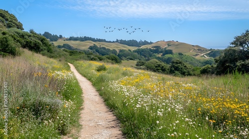 Rolling hills blanketed with wildflowers, meandering dirt paths, and a clear blue sky with birds soaring overhead photo