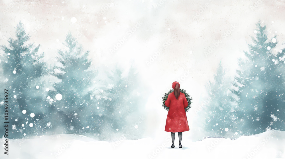 A woman in a red coat stands in a snowy forest holding a wreath, creating a serene winter holiday scene in soft watercolor tones A woman in a red coat stands in a snowy forest holding a wreath, creating a serene winter holiday scene in soft watercolor tones