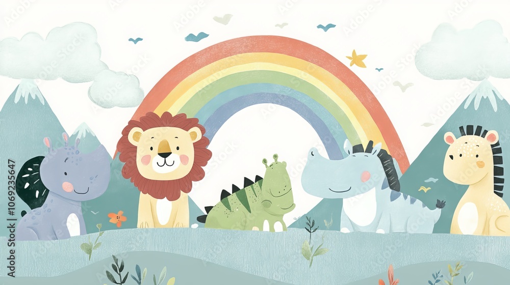 Obraz premium Adorable woodland creatures?? lion, zebra, crocodile, hippo, and rhino??oin a cheerful rainbow in this Scandinavian-inspired illustration. Set against a mountain landscape and adorned with clouds