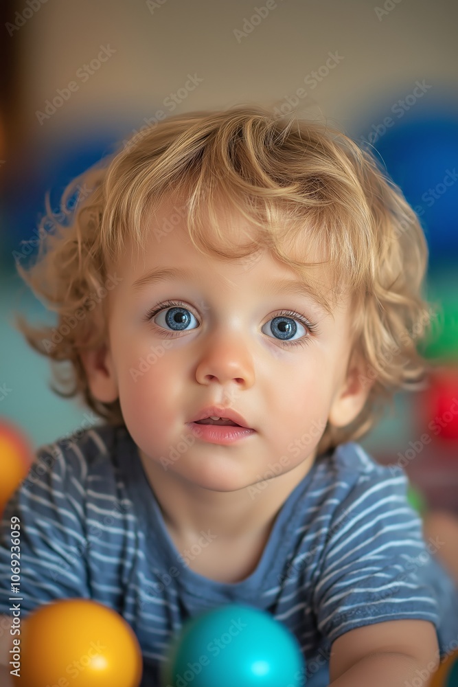 An adorable toddler with curly blonde hair plays joyfully with colorful balls, capturing the essence of childhood. An adorable toddler with curly blonde hair plays joyfully with colorful balls, capturing the essence of childhood.