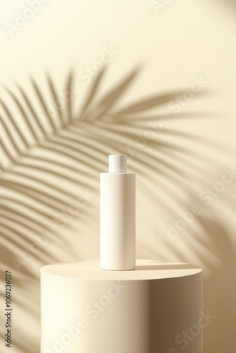 Minimalist product display with abstract palm leaf shadow