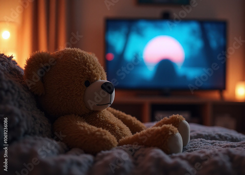 A teddy bear is relaxing at home by watching his favorite movies on a cozy evening in