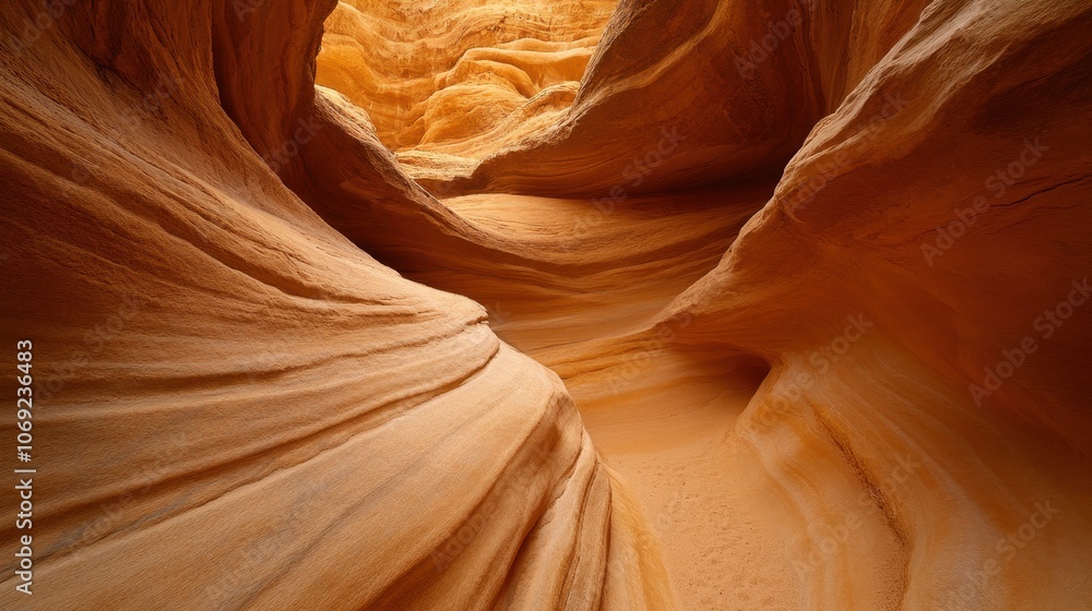 Obraz premium A stunning view of a winding sandstone canyon, showcasing smooth, layered rock formations illuminated by warm light.