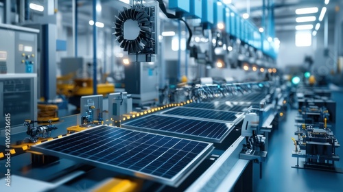 High-tech electrical manufacturing facility producing advanced solar panels and wind turbines