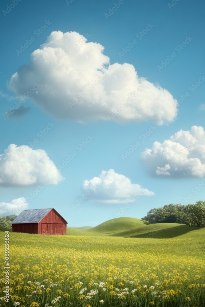 Idyllic countryside landscape with red barn, rolling hills, and blooming wildflowers Idyllic countryside landscape with red barn, rolling hills, and blooming wildflowers