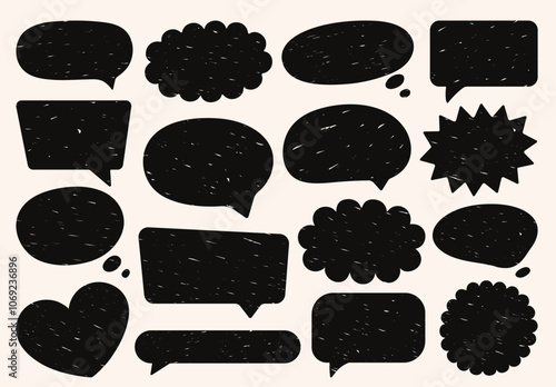 Set of speech bubbles in various shapes. Crayon communication frames. Black and white.Textbox in doodle style. Dialogue cloud, chat icons with grunge texture. Hand drawn vector text boxes for cards.