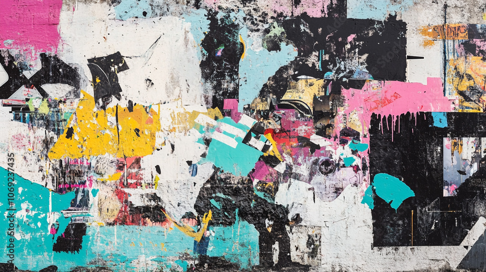 Fototapeta premium Abstract Urban Wall Art with Torn Posters and Paint Splatter