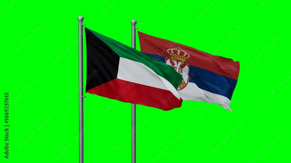 Republic of Serbia and Kuwait flags flying together, video concept of the relationship with colored chroma key for easy background remove, two country cooperation concept Republic of Serbia and Kuwait flags flying together, video concept of the relationship with colored chroma key for easy background remove, two country cooperation concept