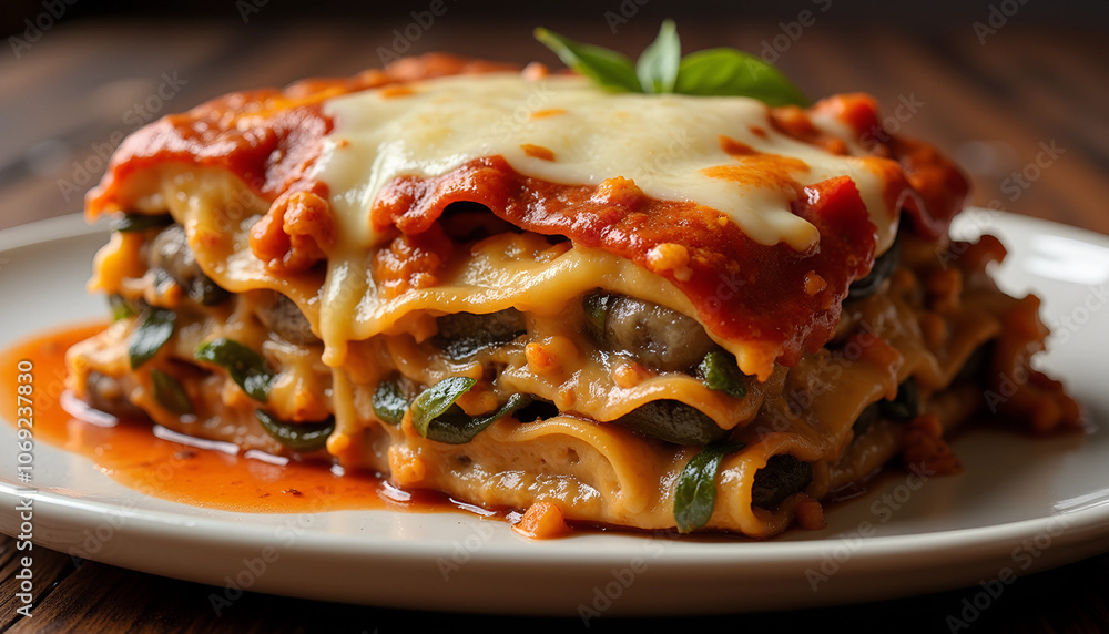 Delicious homemade lasagna topped with melted cheese and fresh basil served on a rustic wooden table at dinner time Delicious homemade lasagna topped with melted cheese and fresh basil served on a rustic wooden table at dinner time