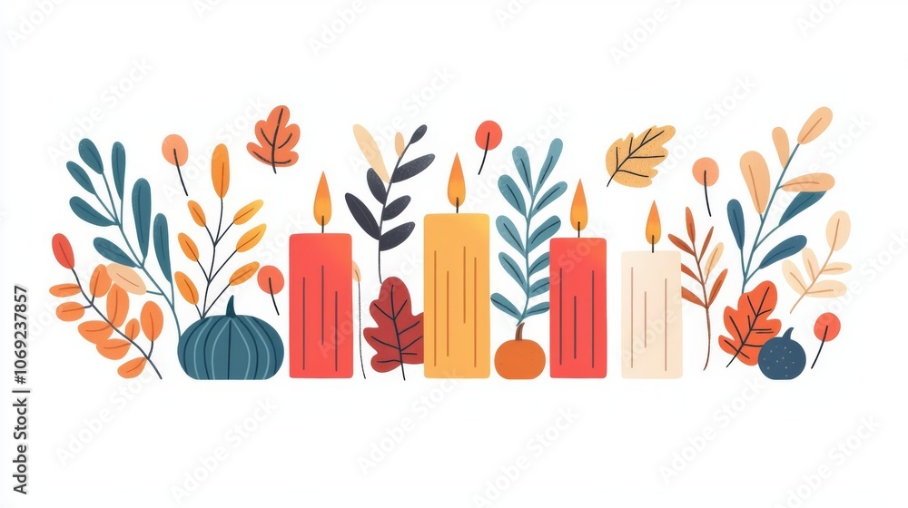 A colorful arrangement of autumn candles surrounded by vibrant leaves and greenery, perfect for cozy seasonal decor. A colorful arrangement of autumn candles surrounded by vibrant leaves and greenery, perfect for cozy seasonal decor.