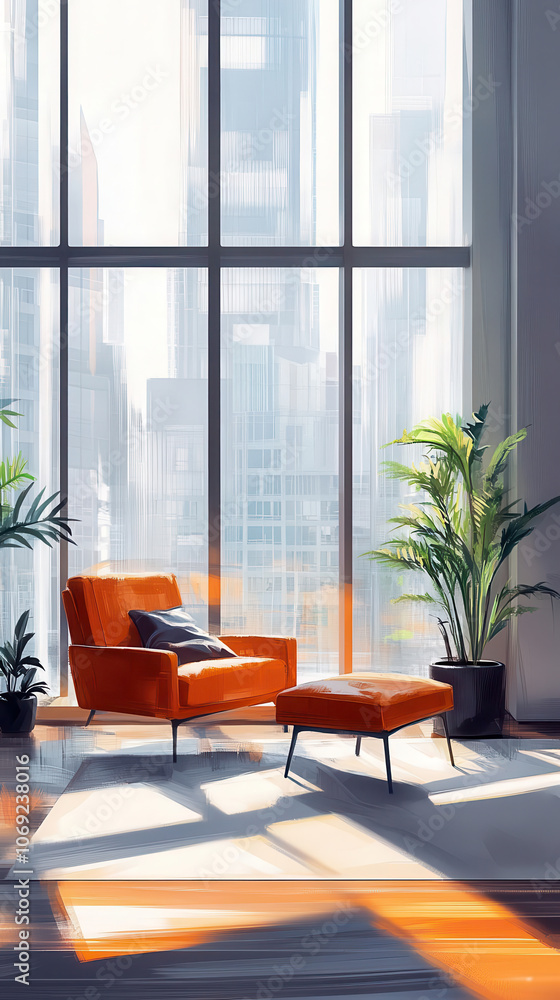Modern loft in high-rise building, Cinnamon Slate interiors, flat design illustration Modern loft in high-rise building, Cinnamon Slate interiors, flat design illustration