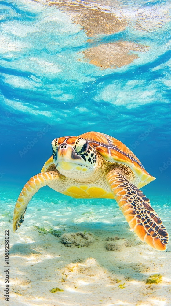 Obraz premium Gentle sea turtle glides gracefully through crystal-clear waters, showcasing vibrant colors in its natural habitat
