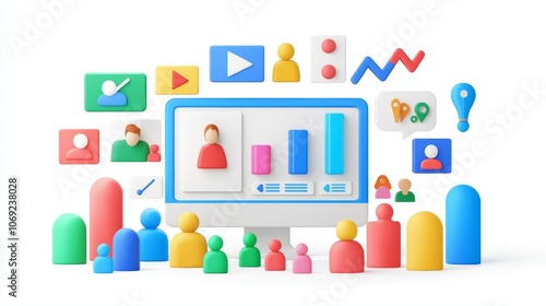 Colorful 3D illustrations depicting digital marketing, analytics, and social media engagement through vibrant icons and figures.