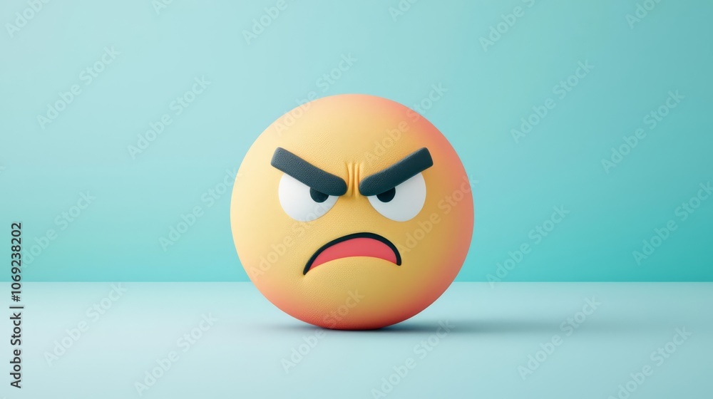 A vibrant 3D angry emoji with a frown, set against a soft turquoise background, perfect for conveying frustration or displeasure. A vibrant 3D angry emoji with a frown, set against a soft turquoise background, perfect for conveying frustration or displeasure.