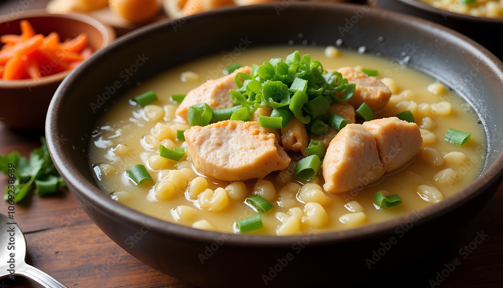 Warm bowl of chicken and corn soup served with fresh green onions and assorted side dishes on a wooden table Warm bowl of chicken and corn soup served with fresh green onions and assorted side dishes on a wooden table