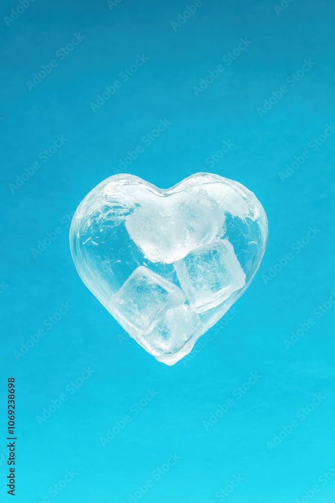 Frozen heart-shaped ice cubes on a vibrant blue background Frozen heart-shaped ice cubes on a vibrant blue background