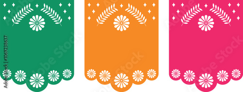 Set of Papel Picado vector template design with place for text. Mexican paper decorations with flowers, branches and geometric shapes. Isolated vector illustration.