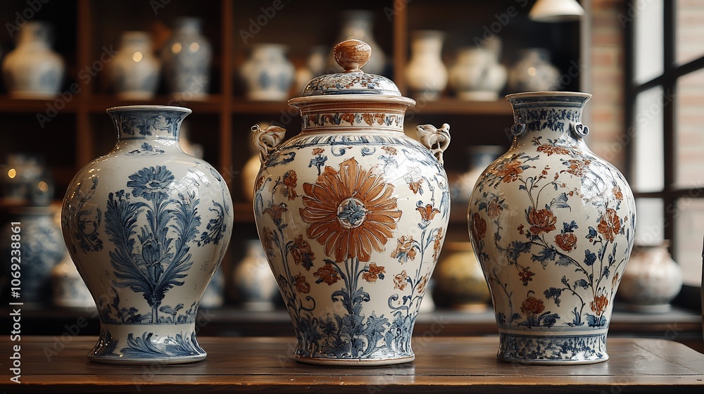 Three ornate porcelain vases with floral patterns displayed on a wooden shelf.