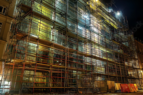 Wallpaper Mural Building under construction at night with illuminated scaffolding and dramatic lighting creating a vibrant urban scene
 Torontodigital.ca