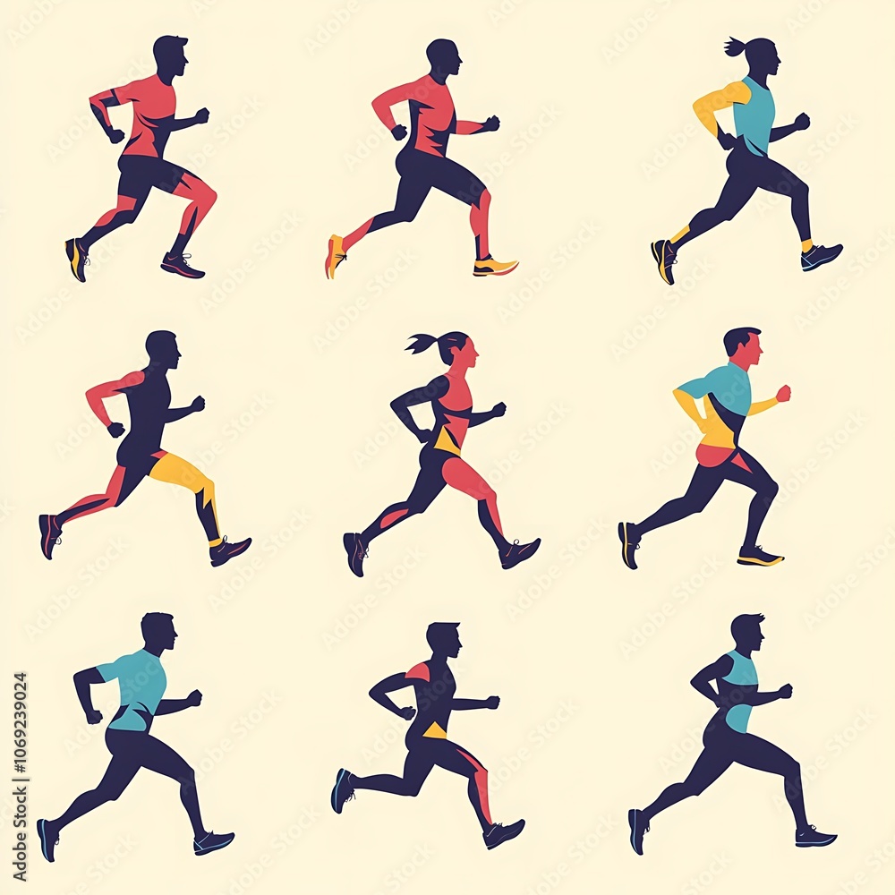 Unique retro running logo set with bold flat colors designs Unique retro running logo set with bold flat colors designs