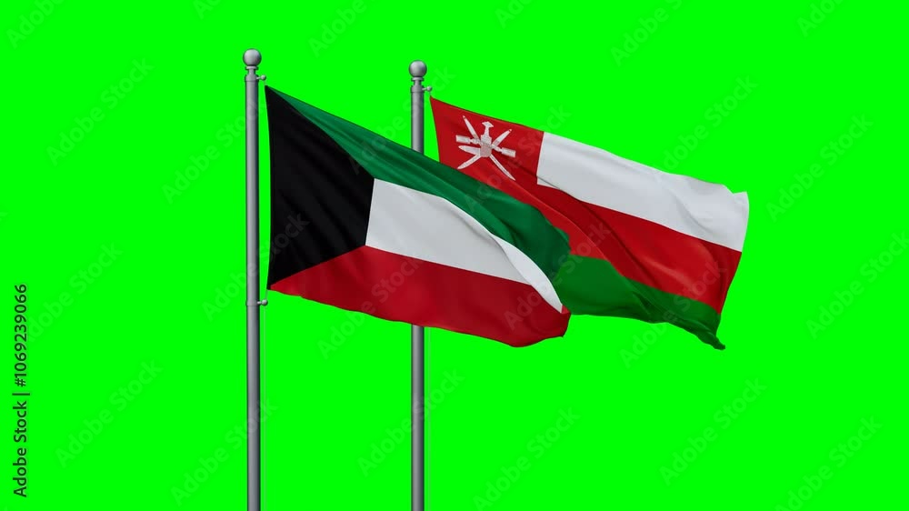 Oman and Kuwait flags flying together, video concept of the relationship with colored chroma key for easy background remove, two country cooperation concept Oman and Kuwait flags flying together, video concept of the relationship with colored chroma key for easy background remove, two country cooperation concept
