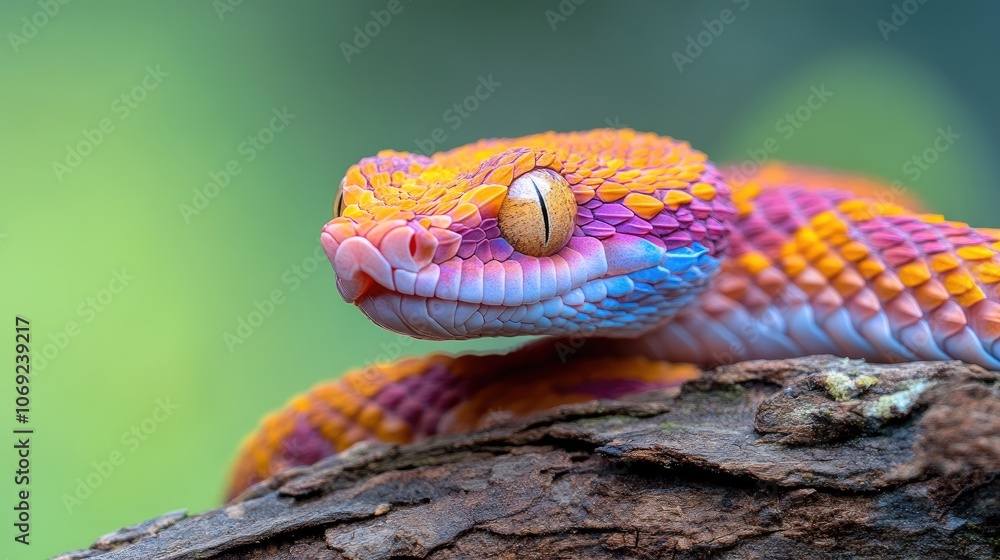 Fototapeta premium A vibrant snake rests on a sunlit branch, showcasing its gentle nature in stunning detail amidst lush greenery