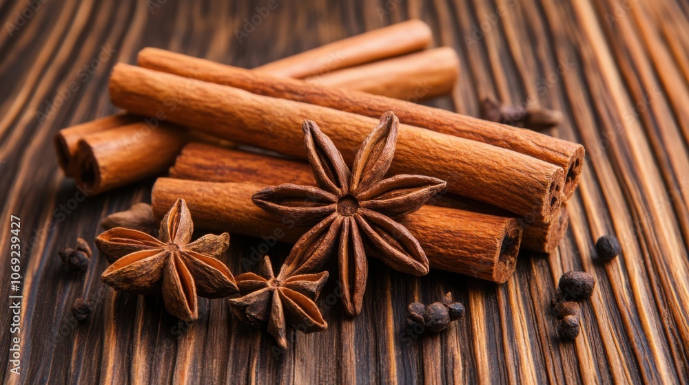 Cinnamon sticks and star anise on a wooden table, warm tones, rustic and cozy. Cinnamon sticks and star anise on a wooden table, warm tones, rustic and cozy.