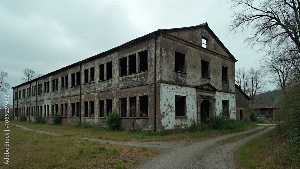 Abandoned Historic Building Surrounded by Overgrown Grass and Trees on a Cloudy Day in a Rural Area Abandoned Historic Building Surrounded by Overgrown Grass and Trees on a Cloudy Day in a Rural Area