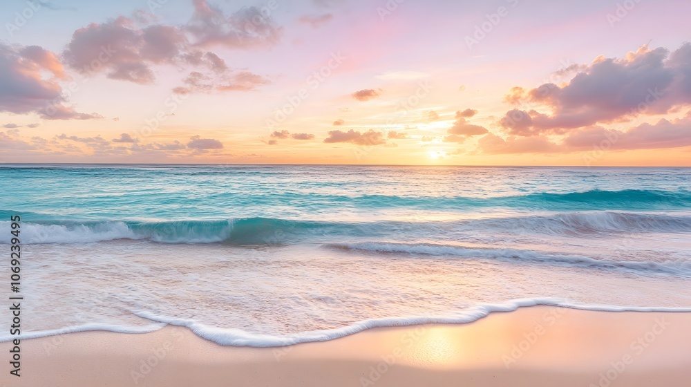 Obraz premium Serene beach at dusk with gentle waves lapping against soft sand, and a sky painted in vibrant hues of pink, orange, and purple