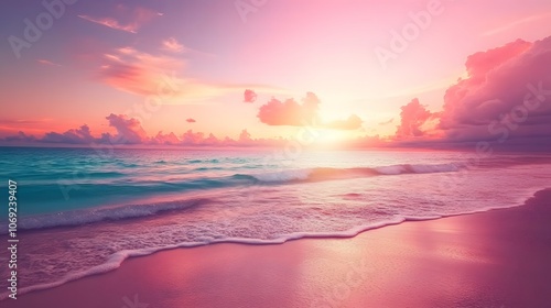 Serene beach at dusk with gentle waves lapping against soft sand, and a sky painted in vibrant hues of pink, orange, and purple