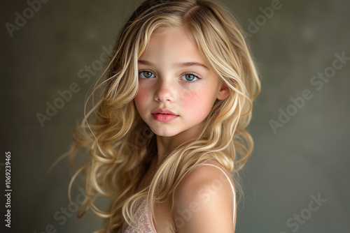 A young girl with long blonde hair and blue eyes