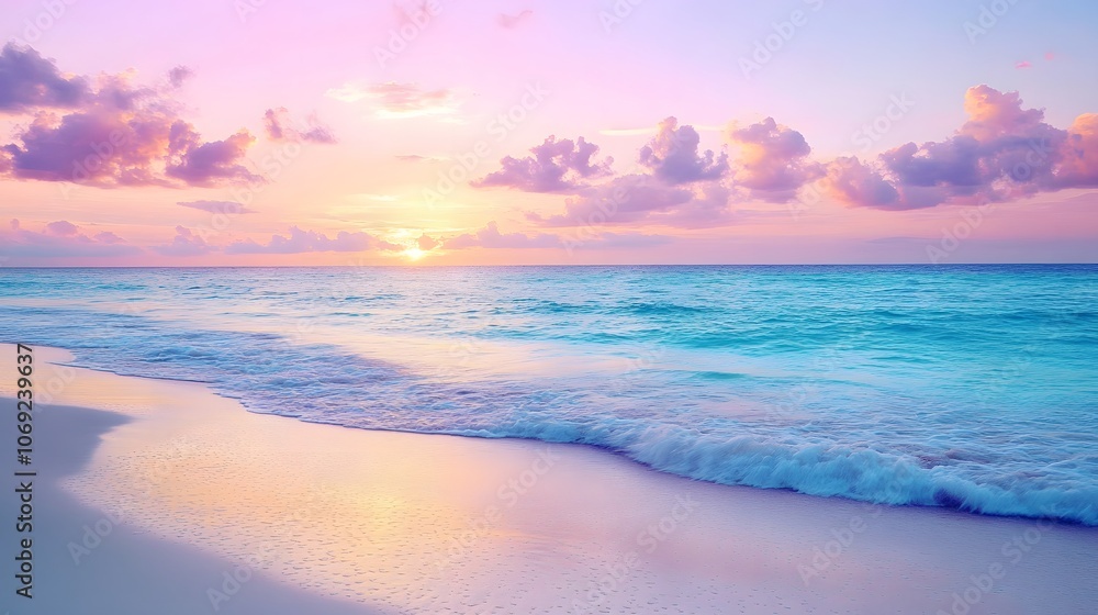 Serene beach at dusk with gentle waves lapping against soft sand, and a sky painted in vibrant hues of pink, orange, and purple Serene beach at dusk with gentle waves lapping against soft sand, and a sky painted in vibrant hues of pink, orange, and purple