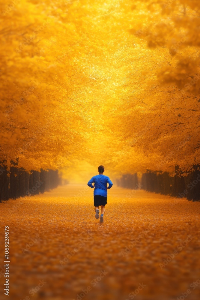 Fototapeta premium person running on a path through a vibrant autumn forest