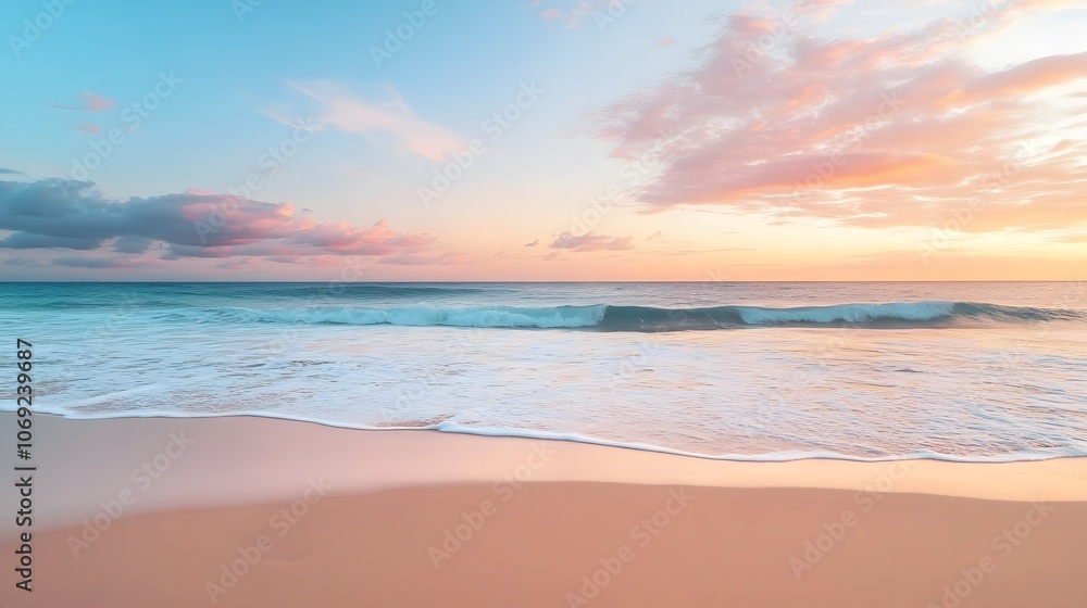 Fototapeta premium Serene beach at dusk with gentle waves lapping against soft sand, and a sky painted in vibrant hues of pink, orange, and purple