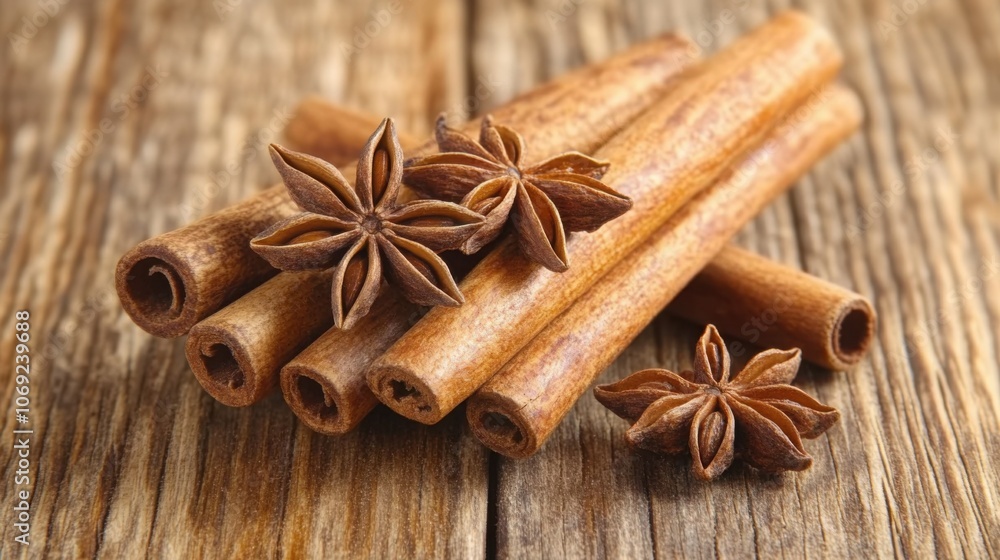 Cinnamon sticks and star anise on a wooden table, warm tones, rustic and cozy Cinnamon sticks and star anise on a wooden table, warm tones, rustic and cozy