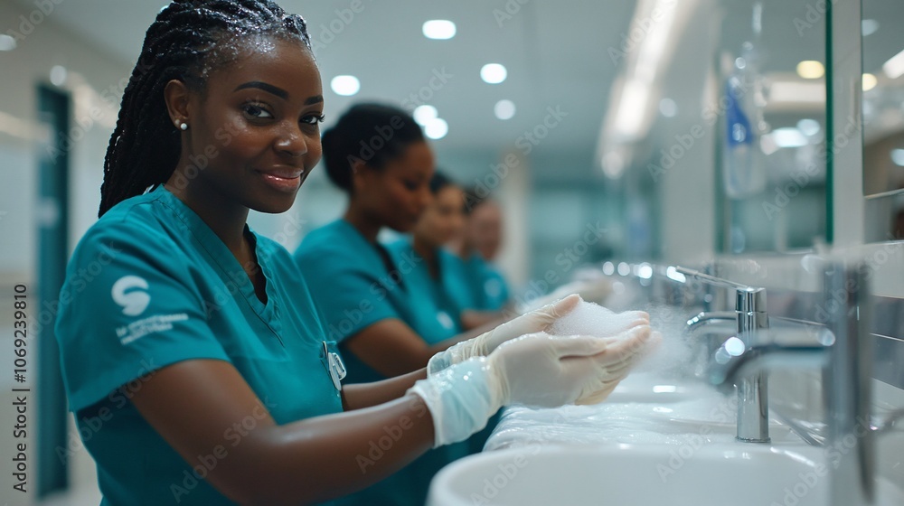 A female nurse washing her hands in a hospital bathroom. A female nurse washing her hands in a hospital bathroom.