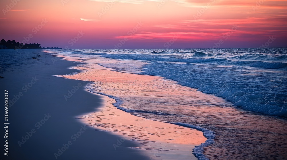 Serene beach at sunrise, gentle waves lapping the shore, and a sky painted with shades of pink, orange, and purple Serene beach at sunrise, gentle waves lapping the shore, and a sky painted with shades of pink, orange, and purple