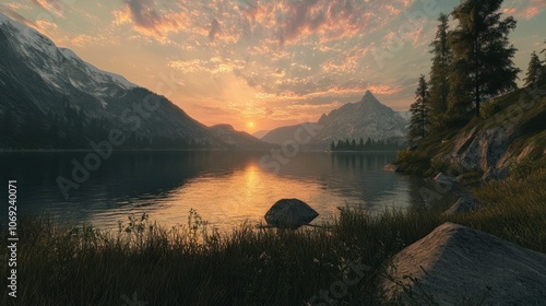 Magisches AlpenglÃ¼hen: Langzeitbelichtung eines Sonnenuntergangs bzw. Sonnenaufgangs in den Alpen / Bergen photo