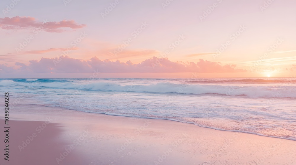 Serene beach at sunrise, gentle waves lapping the shore, and a sky painted with shades of pink, orange, and purple Serene beach at sunrise, gentle waves lapping the shore, and a sky painted with shades of pink, orange, and purple