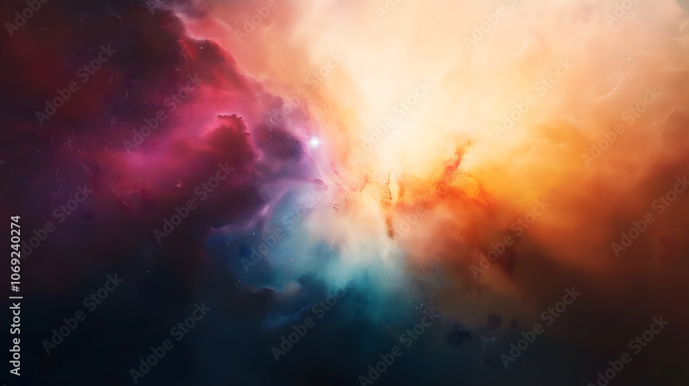 Fototapeta premium A stunning display of a cosmic nebula features vibrant swirling colors and intricate celestial formations, showcasing the beauty of the universe in a breathtaking expanse of space.