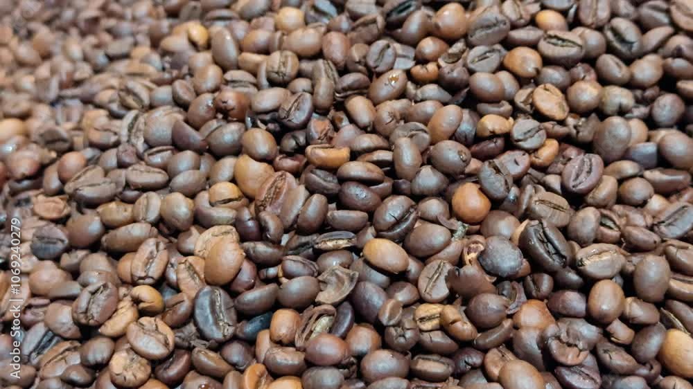 Coffee beans are rotating slowly, creating a mesmerizing visual effect Coffee beans are rotating slowly, creating a mesmerizing visual effect