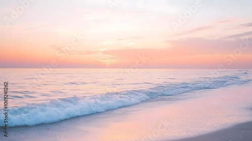 Serene beach at sunrise, gentle waves lapping the shore, and a sky painted with shades of pink, orange, and purple