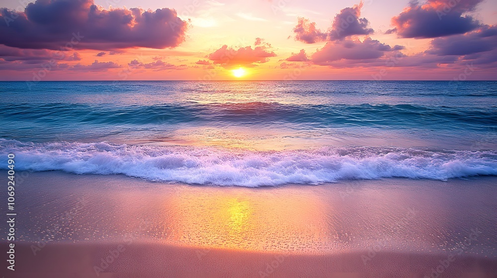 Fototapeta premium Serene beach at sunset, featuring gentle waves lapping against soft sand, and a sky painted with vibrant colors of orange, pink, and purple