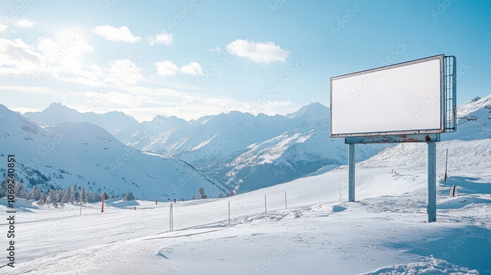 Fototapeta premium empty billboard next to a ski slope, winter landscape with snow and mountains, cool tones