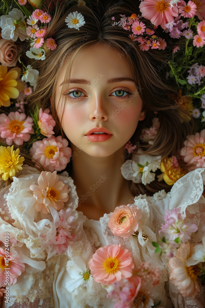 A woman in a white dress surrounded by flowers A woman in a white dress surrounded by flowers